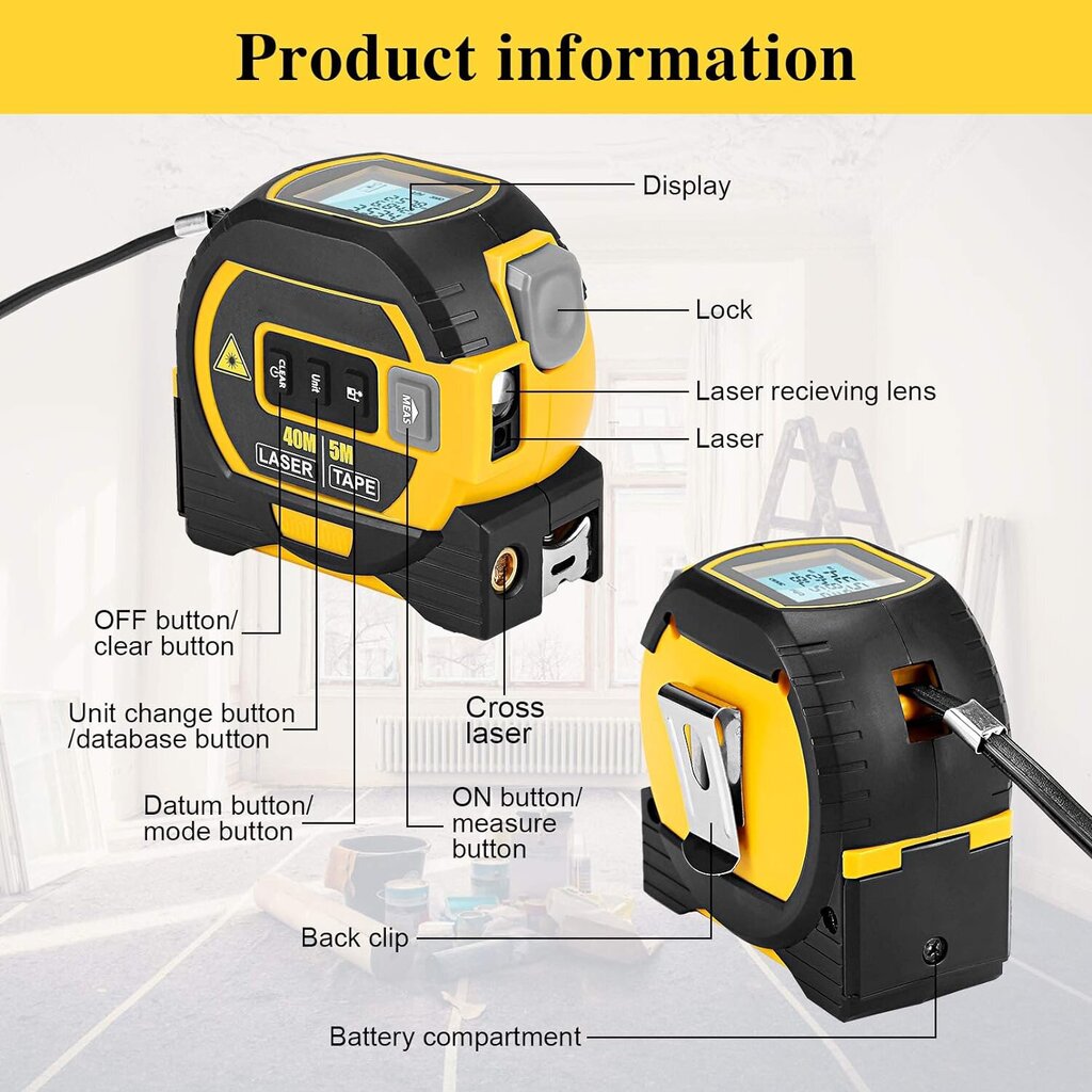 5m mõõdulint ja 40m lasermõõteseade LCD ekraaniga цена и информация | Käsitööriistad | kaup24.ee