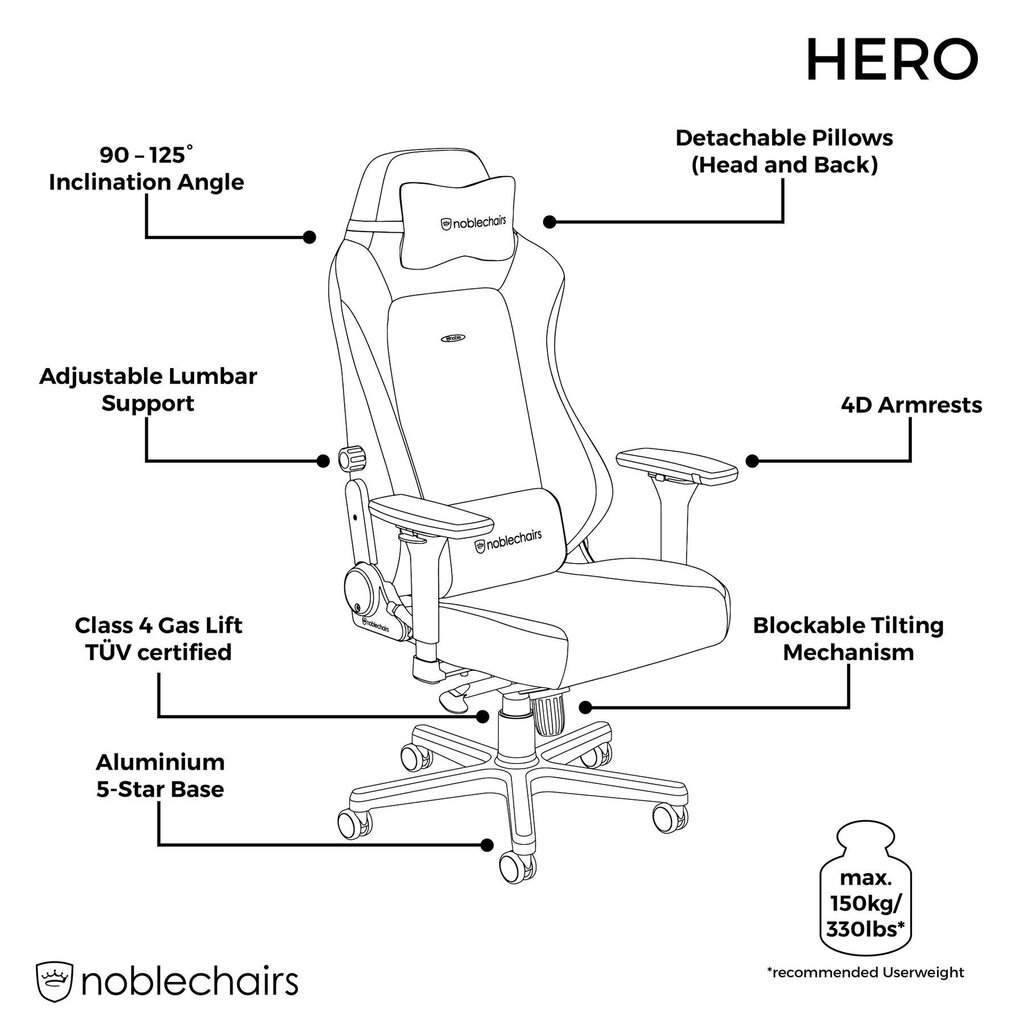 Ergonoomiline tool Noblechairs Hero, must hind ja info | Kontoritoolid | kaup24.ee