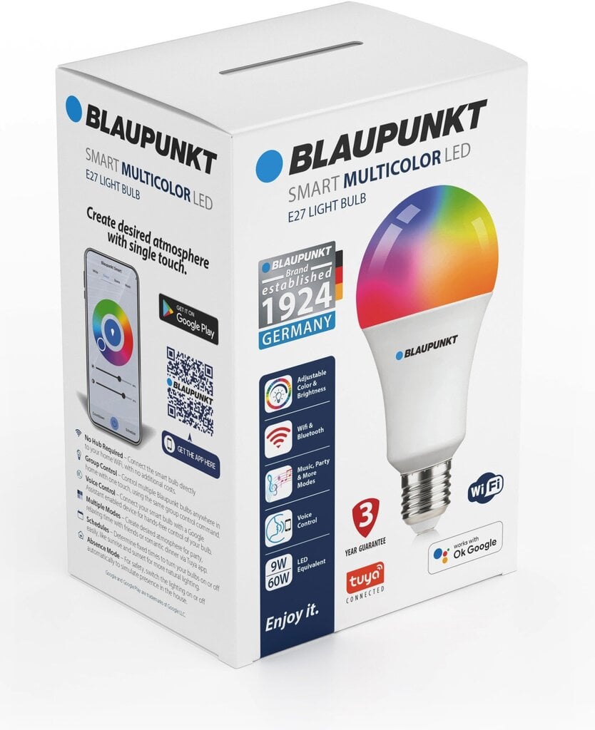 Blaupunkt nutipirn LED Smart Multicolor E27 A60 900lm 9W 2500-8000K WiFi + Bluetooth Tuya hind ja info | Lambipirnid, lambid | kaup24.ee