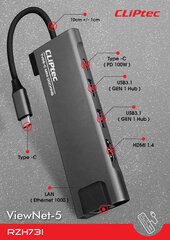 Адаптер-концентратор Cliptec — тип C на 2xUSB 3.1 + тип C + HDMI + RJ45 — DockView-6 RZH731 серый цена и информация | Адаптер Aten Video Splitter 2 port 450MHz | kaup24.ee