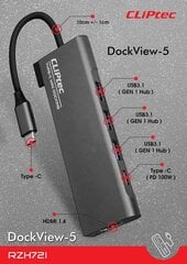 Адаптер-концентратор Cliptec — тип C на 3xUSB 3.1 + тип C + HDMI — DockView-5 RZH721 серый цена и информация | Адаптер Aten Video Splitter 2 port 450MHz | kaup24.ee