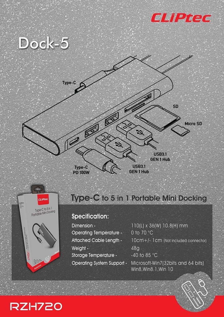 Cliptec Dock-5 RZH720 цена и информация | USB jagajad, adapterid | kaup24.ee