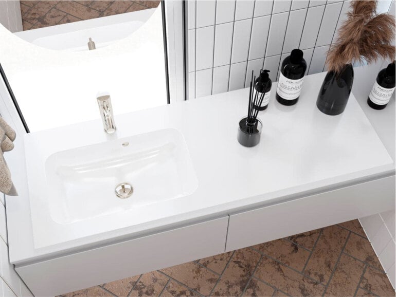 Ristkülikukujuline valamu Della 1200 L valatud marmorist, integreeritav tööpinnale hind ja info | Kraanikausid, valamud | kaup24.ee