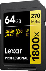 Lexar карта памяти SDXC 64GB Professional 1800x UHS-II U3 V60 цена и информация | Lexar Мобильные телефоны, Фото и Видео | kaup24.ee