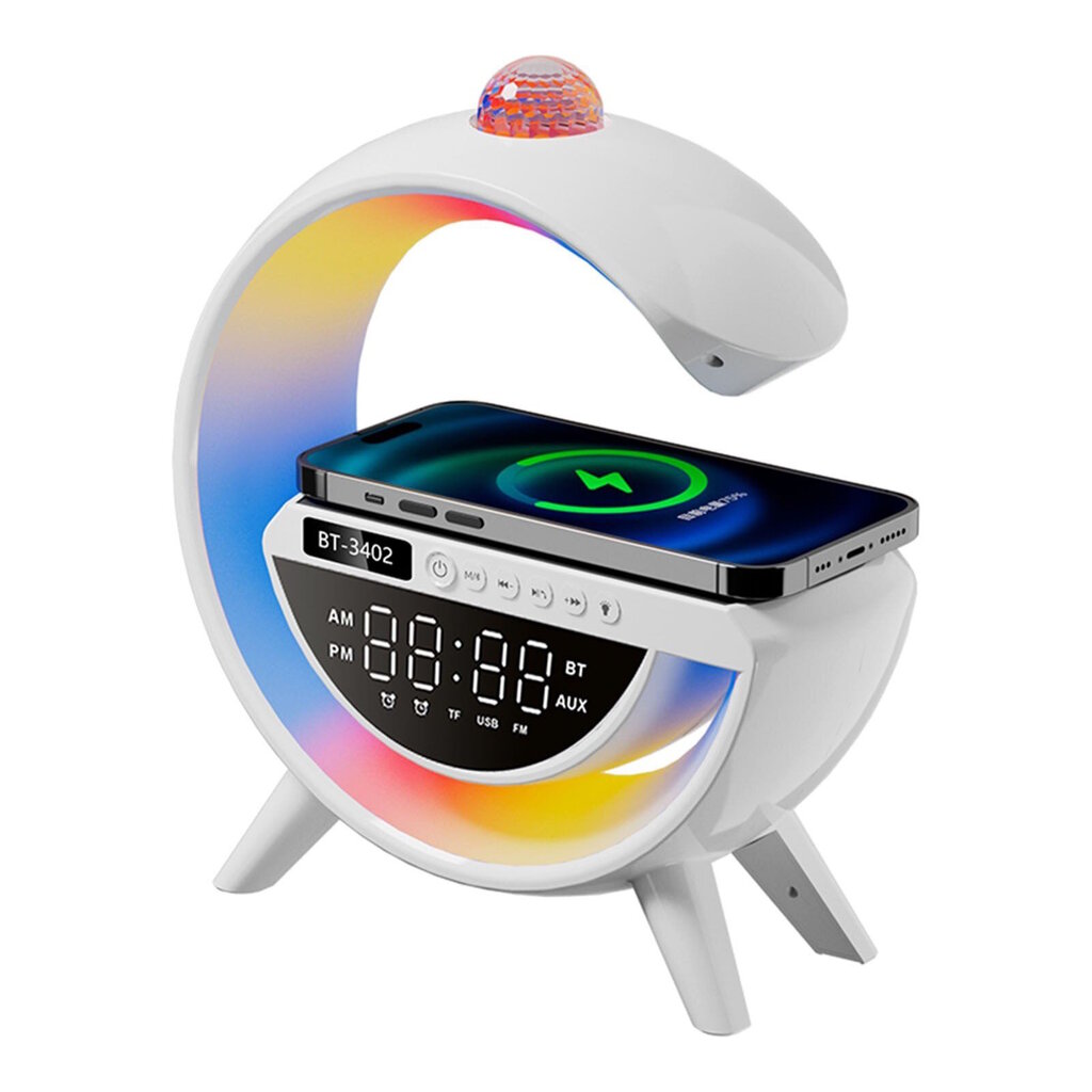 BT3402 LED RGB lamp juhtmevaba laadijaga, FM raadio, bluetooth kõlar, USB, AUX, kell hind ja info | Mobiiltelefonide laadijad | kaup24.ee