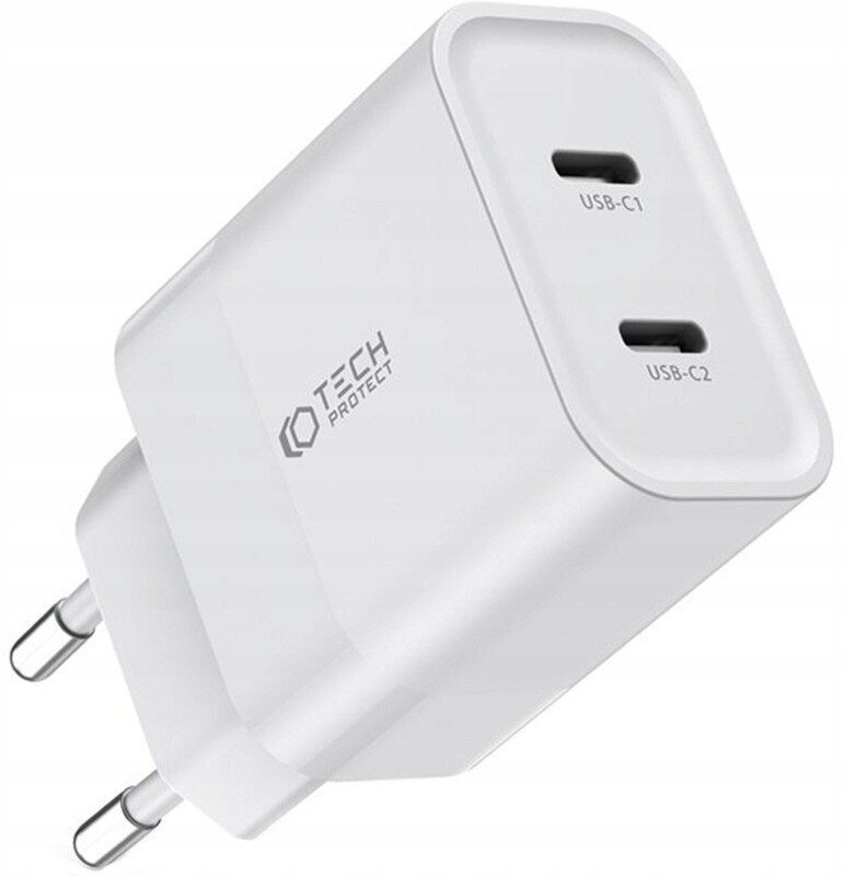 Tech-Protect laadija C20W 2xUSB-C, valge цена и информация | Mobiiltelefonide laadijad | kaup24.ee