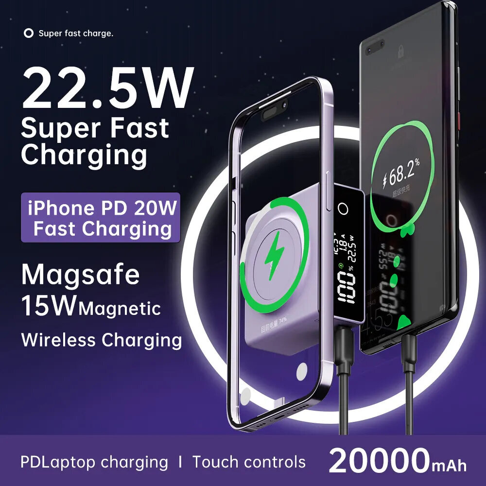 Mini juhtmevaba magnetiline akupank LCD-ekraaniga 20000 mAh Livman Q7 (power bank) цена и информация | Akupangad | kaup24.ee