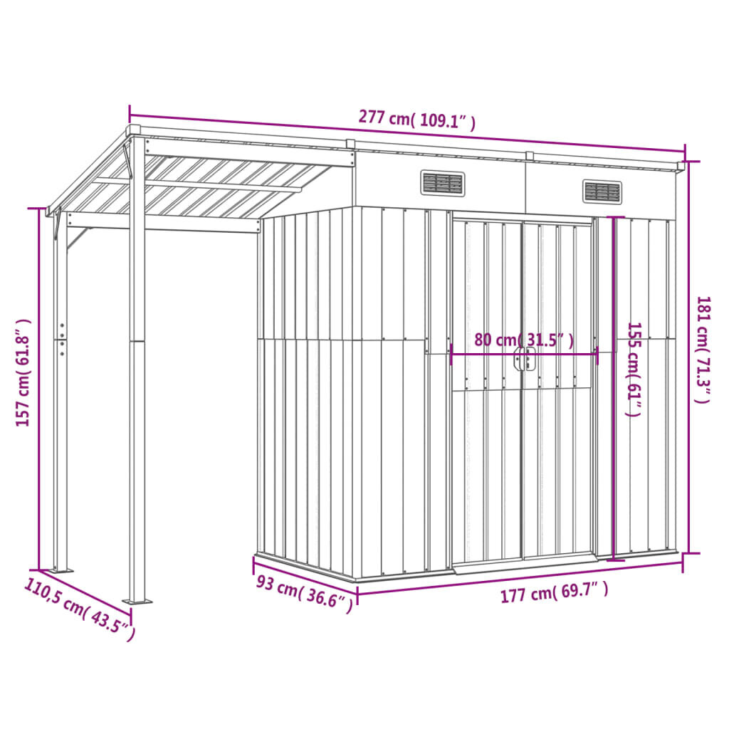 vidaXL aiakuur pikendatud katusega, pruun, 277 x 110,5 x 181 cm, teras цена и информация | Kuurid ja aiamajad | kaup24.ee