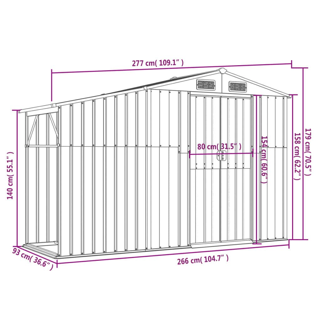 vidaXL aiakuur, pruun, 277 x 93 x 179 cm, tsingitud teras hind ja info | Kuurid ja aiamajad | kaup24.ee