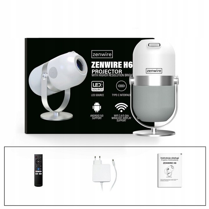 Zenwire Mini LED 360 Overhead Android 9 WiFi H6, Valge hind ja info | Projektorid | kaup24.ee