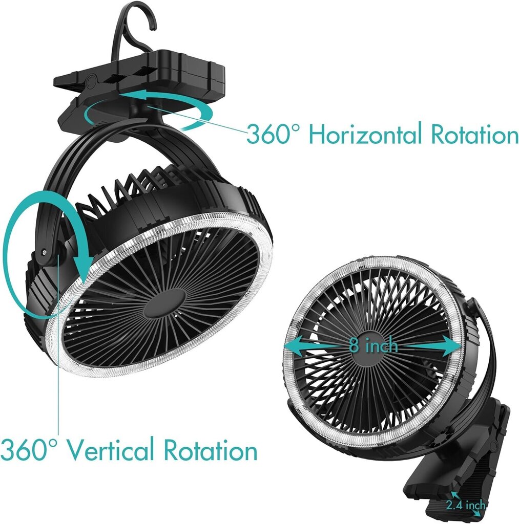 Kitwlemen taaslaetav kaasaskantav ventilaator LED-taskulambiga 10000mAh must hind ja info | Ventilaatorid | kaup24.ee