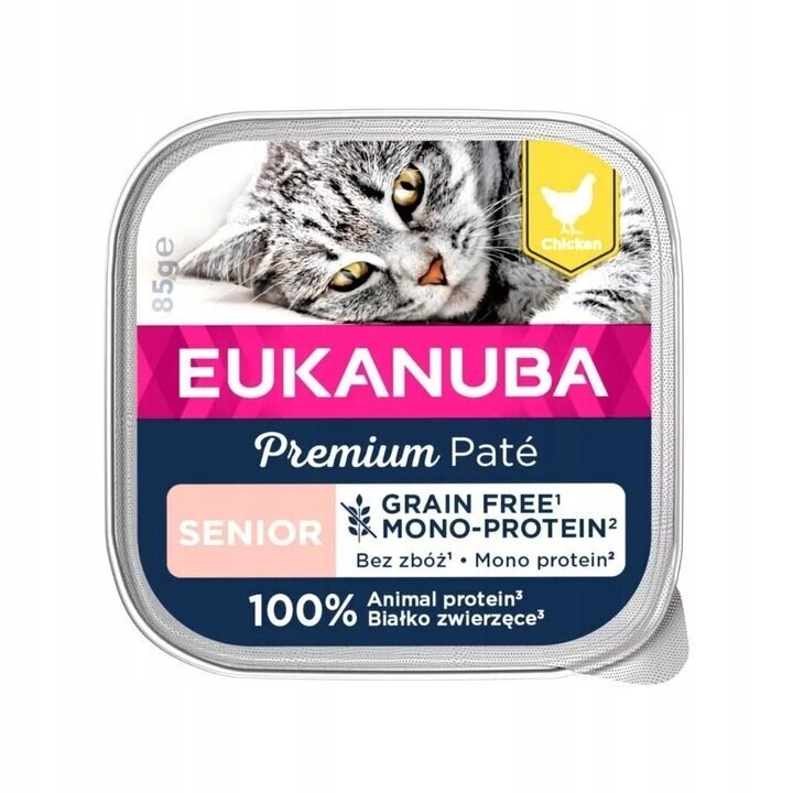 Eukanuba Grain Free Senior vanematele kassidele kanaga, 16x85 g цена и информация | Konservid kassidele | kaup24.ee