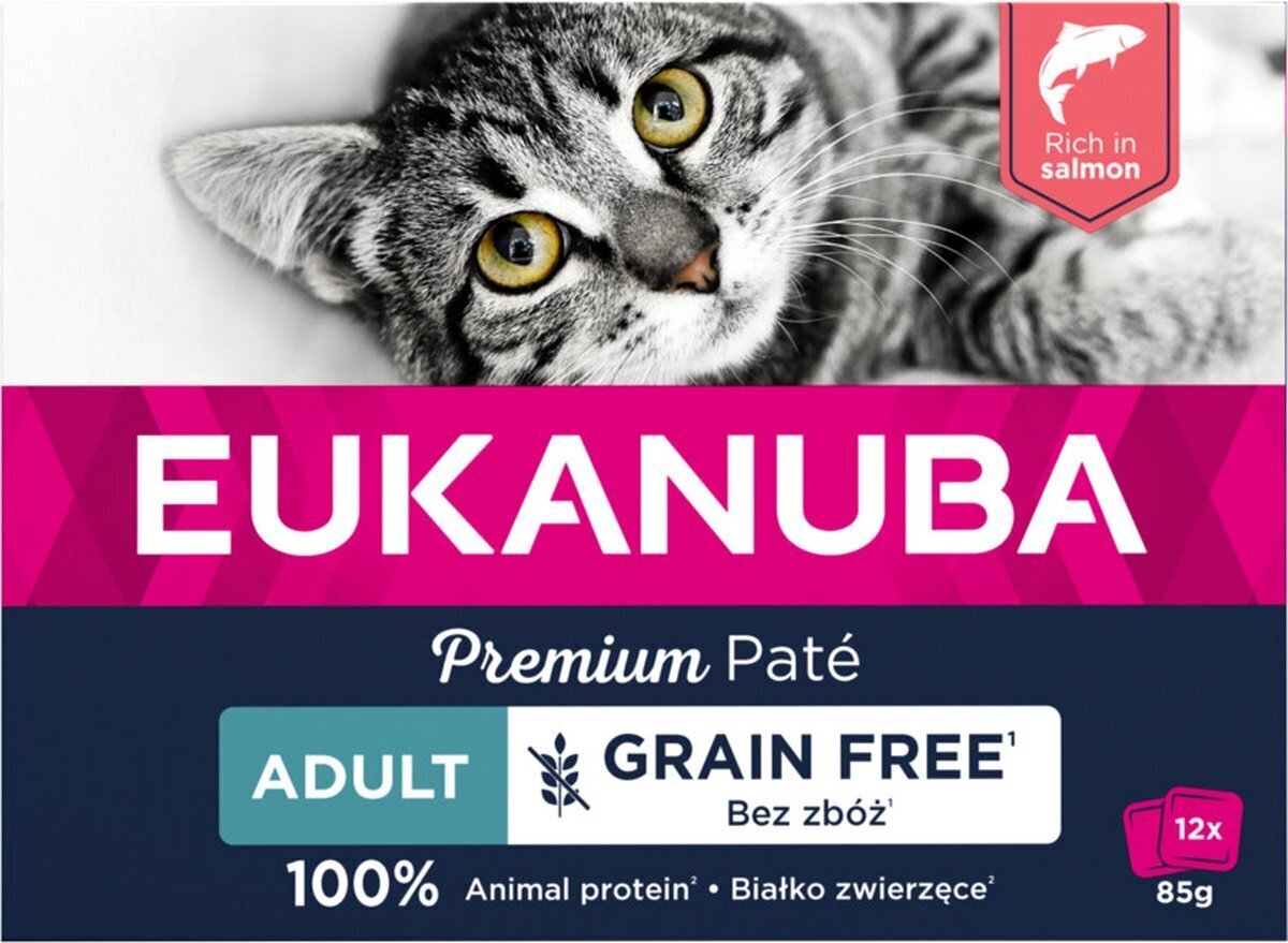 Eukanuba Grain Free Adult täiskasvanud kassidele lõhega, 12x85g цена и информация | Konservid kassidele | kaup24.ee