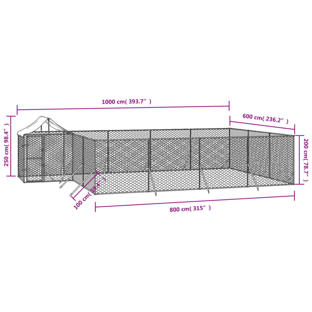 vidaXL katusega koeraaedik, hõbedane, 10x6x2,5 m, tsingitud teras цена и информация | Transportkorvid, puurid | kaup24.ee