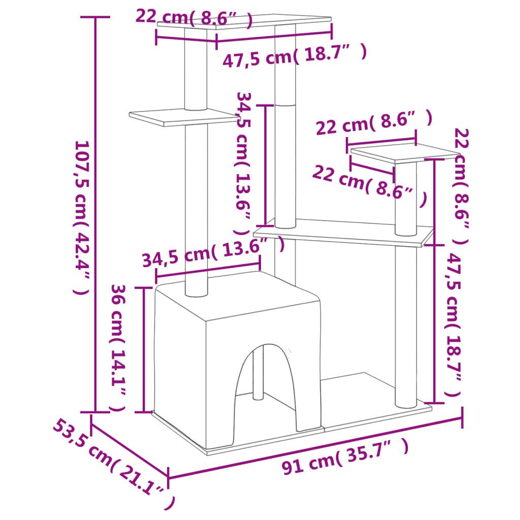 vidaXL kassimaja kraapimispuudega, tumehall, 107,5 cm цена и информация | Kassi kraapimispuud | kaup24.ee