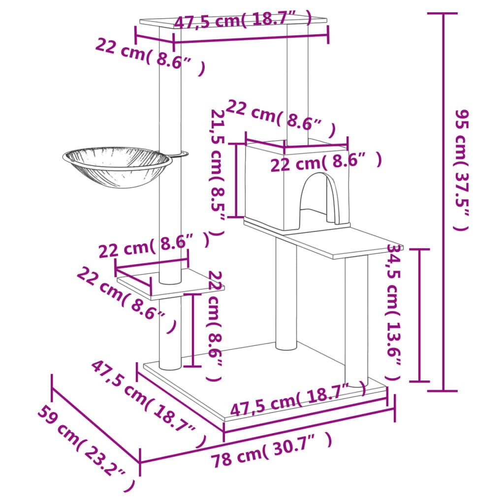 vidaXL kassimaja kraapimispostidega, tumehall, 95 cm цена и информация | Kassi kraapimispuud | kaup24.ee