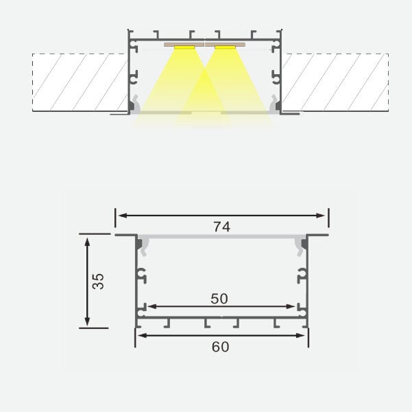 Süvistatav alumiiniumprofiil mattklaasiga 1-5 rida LED-ribadele, 3 m x 74 mm x 35 mm hind ja info | LED ribad | kaup24.ee