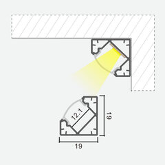 Nurga anodeeritud alumiiniumprofiil poolläbipaistva klaasiga LED-ribadele, 1m x 19mm x 19mm hind ja info | LED ribad | kaup24.ee