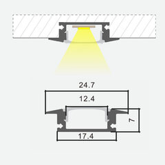 Süvistatud anodeeritud alumiiniumprofiil läbipaistva klaasiga LED-riba jaoks kipsplaatide, plaatide, mööbli jms jaoks, 1m x 24,7 mm x 7 mm hind ja info | LED ribad | kaup24.ee