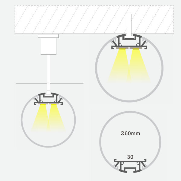 Ümmargune anodeeritud alumiiniumprofiil mattklaasiga 1-3 rida LED-riba ümara klaasiga, 3m x ø60mm x 30mm hind ja info | LED ribad | kaup24.ee