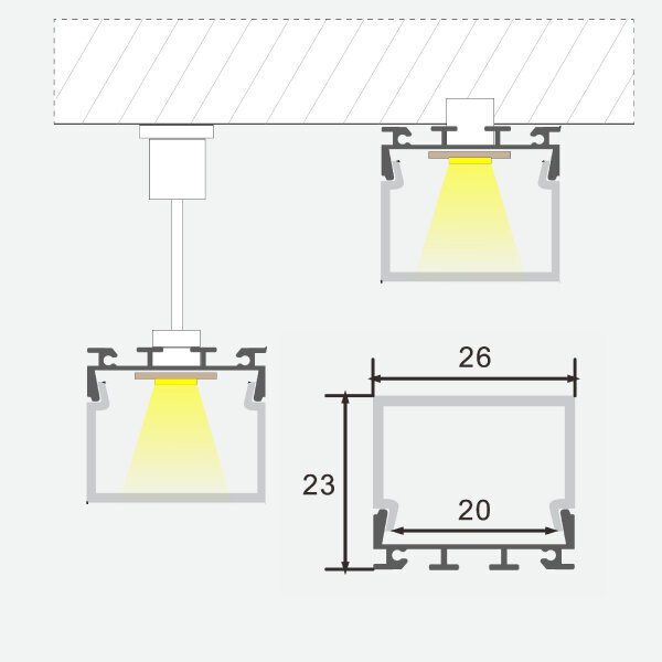 Pind/sisseehitatud anodeeritud alumiiniumprofiil mattklaasiga 1-2 rea LED-ribadele kipsplaadile, plaatidele, mööblile jne, 3m x 26mm x 23mm hind ja info | LED ribad | kaup24.ee