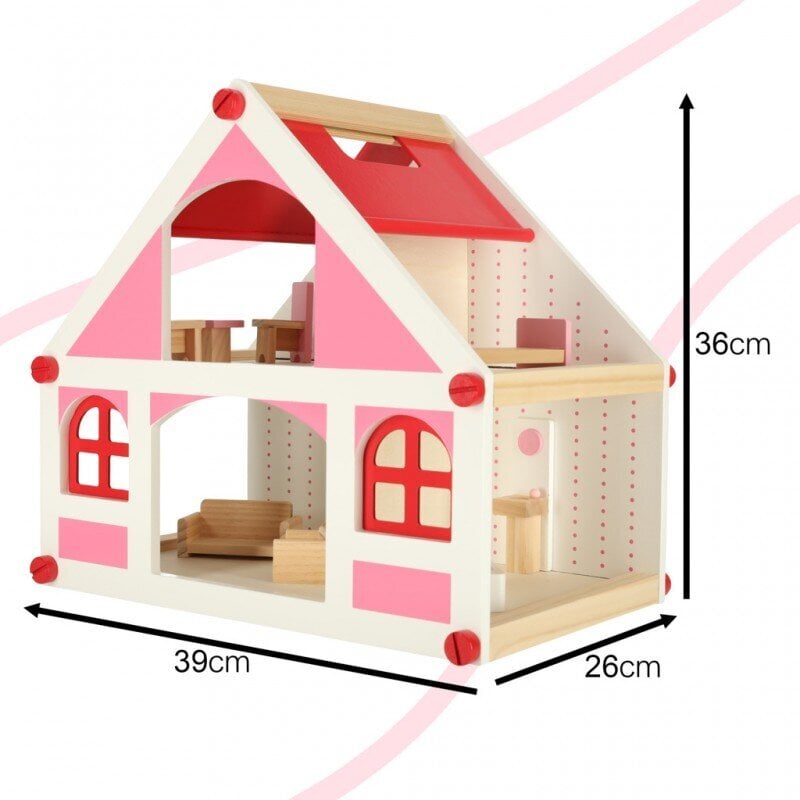 Puidust nukumaja valge ja roosa + mööbel 36 cm hind ja info | Tüdrukute mänguasjad | kaup24.ee