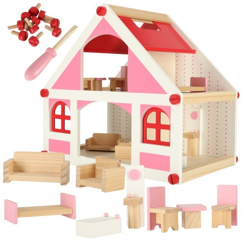 Puidust nukumaja valge ja roosa + mööbel 36 cm цена и информация | Tüdrukute mänguasjad | kaup24.ee