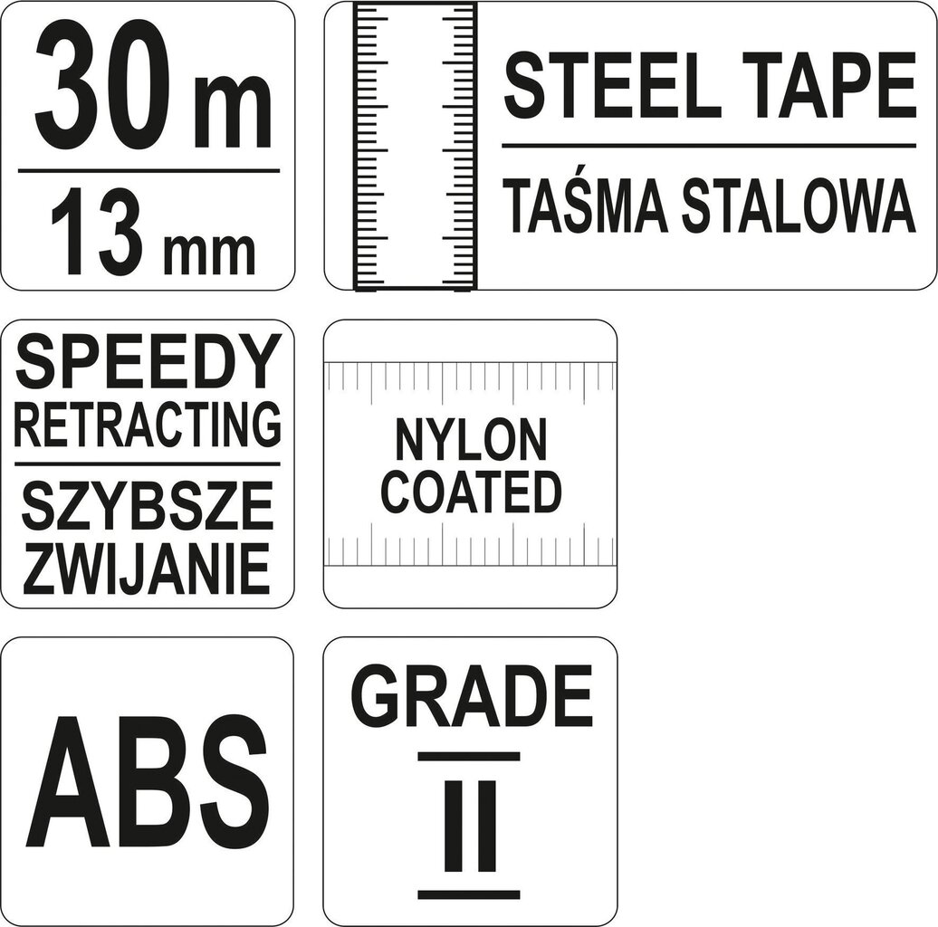 Mõõdulint klaaskiust, II klass 30m x 13mm Yato 71581 hind ja info | Käsitööriistad | kaup24.ee