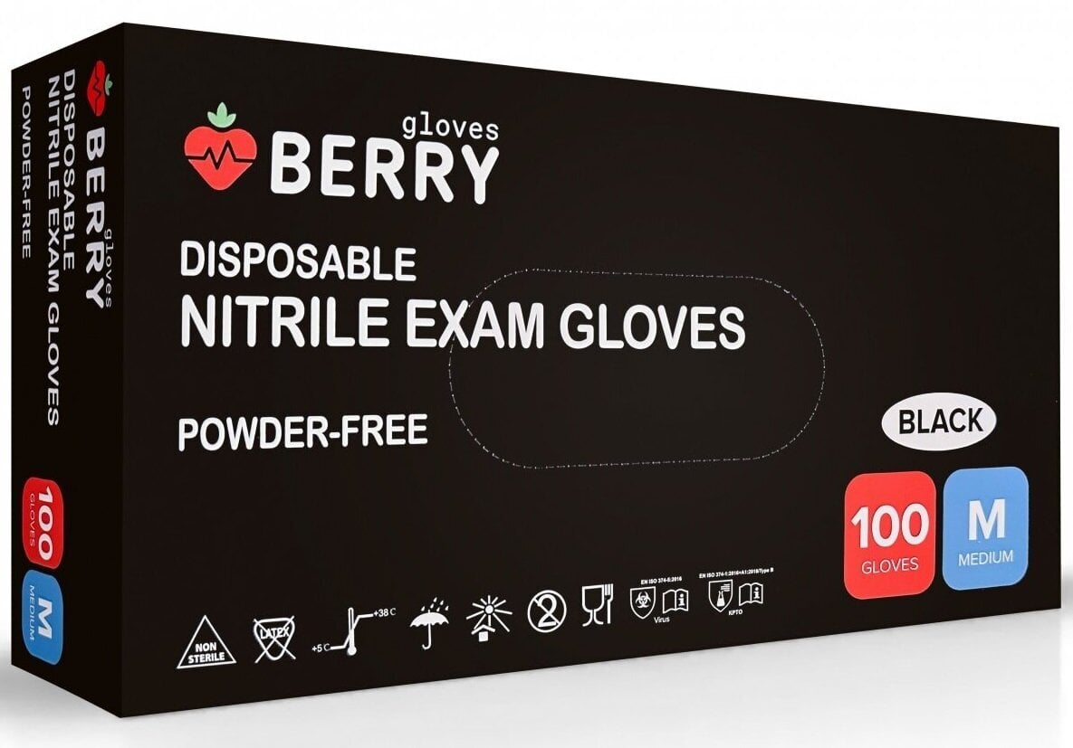 Ühekordsed nitriilkindad Berry Black, suurus M, must, puudrivaba, 100 tk hind ja info | Esmaabi | kaup24.ee