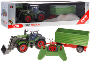 Kaugjuhitav traktor haagisega, 1:28, roheline цена и информация | Игрушки для мальчиков | kaup24.ee