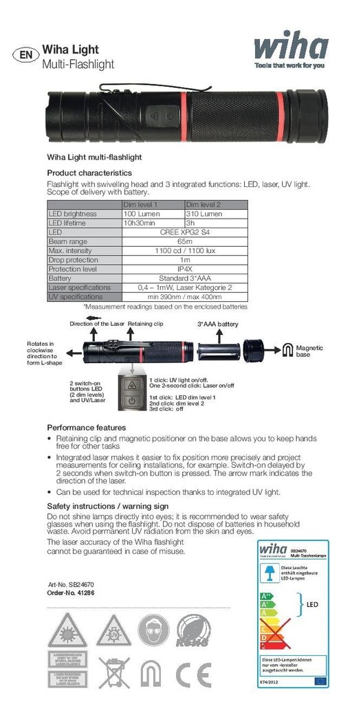 Taskulamp magnetiga WIHA LED, UV ja laservalgus hind ja info | Taskulambid, prožektorid | kaup24.ee