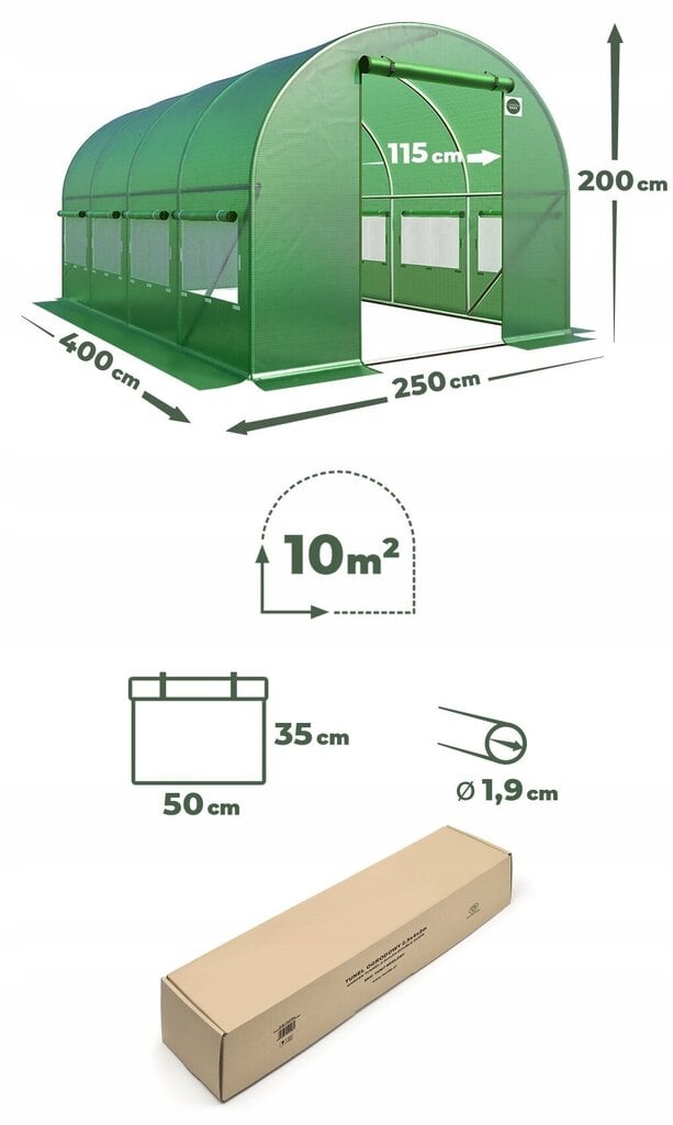 Kasvuhoone, 10m² 400 x 250 cm, roheline hind ja info | Kasvuhooned | kaup24.ee