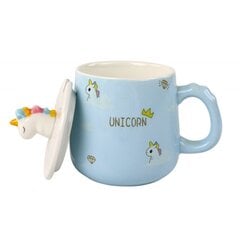 Lean Toys keraamiline tass lusika ja kaanega Unicorn/Unicorn, 350ml, sinine hind ja info | Klaasid, tassid ja kannud | kaup24.ee