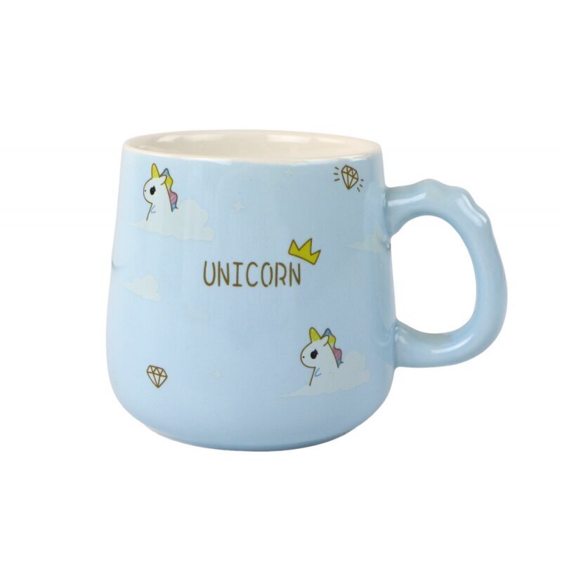 Lean Toys keraamiline tass lusika ja kaanega Unicorn/Unicorn, 350ml, sinine hind ja info | Klaasid, tassid ja kannud | kaup24.ee