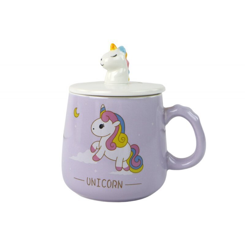 Lean Toys keraamiline tass lusika ja kaanega Unicorn/Unicorn, 350ml, lilla hind ja info | Klaasid, tassid ja kannud | kaup24.ee