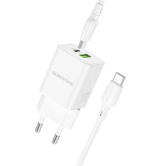 Borofone Wall charger BN14 Royal - USB + Type C - QC 3.0 PD 30W with Type C to Lightning cable white цена и информация | Зарядные устройства для телефонов | kaup24.ee