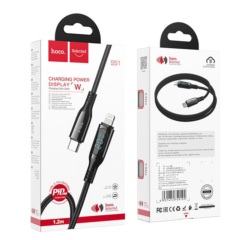 Hoco S51 USB-C to Lightning LED ekraan 20W 1,2m hind ja info | Mobiiltelefonide kaablid | kaup24.ee
