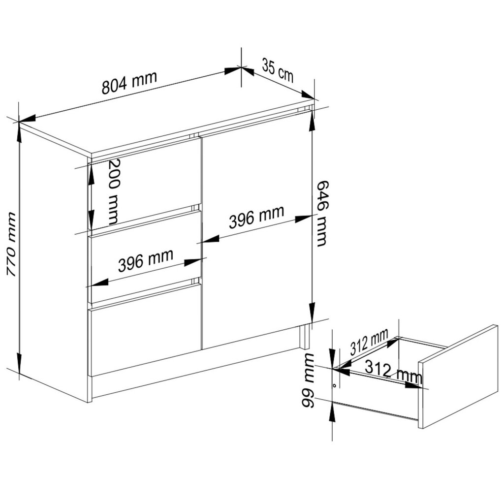 Sahtlikapp Akord K80 Jerry 1D 3SZSZ, must/valge hind ja info | Kummutid | kaup24.ee