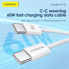 Foneng Cable X110 - Type C to Type C - PD 60W 3A 1,2 metres white цена и информация | Кабели для телефонов | kaup24.ee