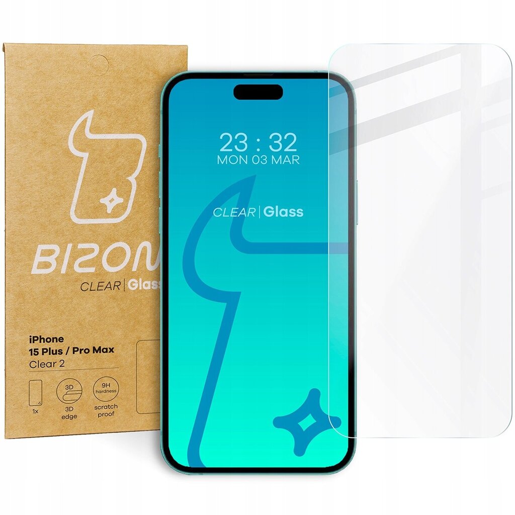 Karastatud klaas Bizon Glass Clear 2 iPhone 15 Plus / 15 Pro Max цена и информация | Ekraani kaitsekiled | kaup24.ee