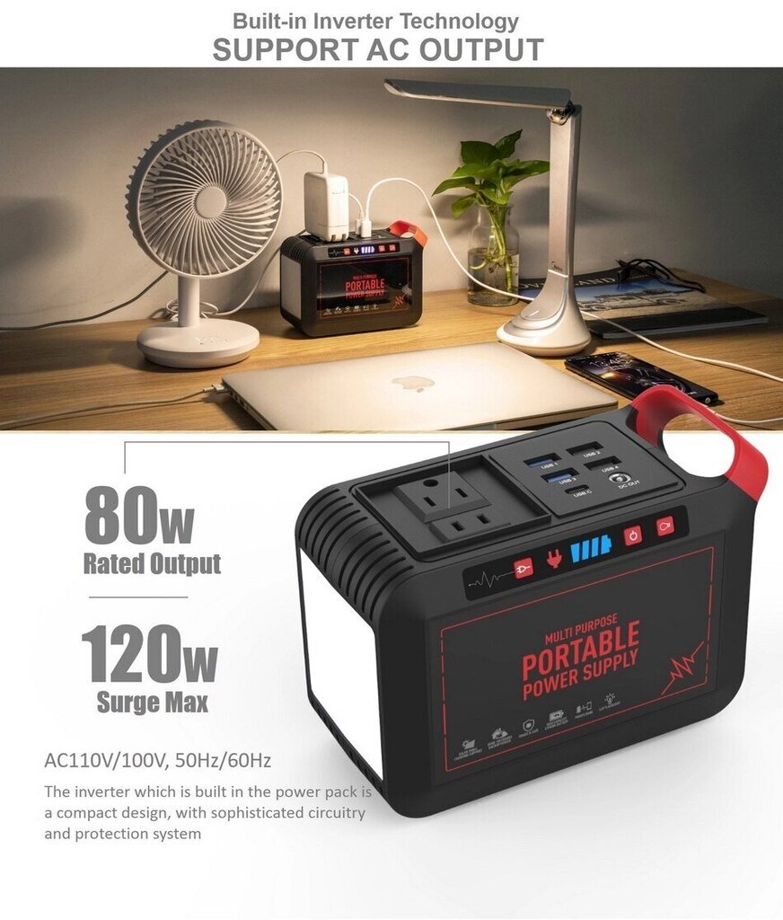 Toitepank/latern (elektrienergiasalvesti) 24000 mAh koos USB 5v, AC 220v ja päikesekontrolleriga. цена и информация | Generaatorid | kaup24.ee