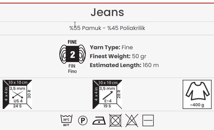 Kudumislõng YarnArt Jeans 50g, värvus 55 hind ja info | Kudumistarvikud | kaup24.ee