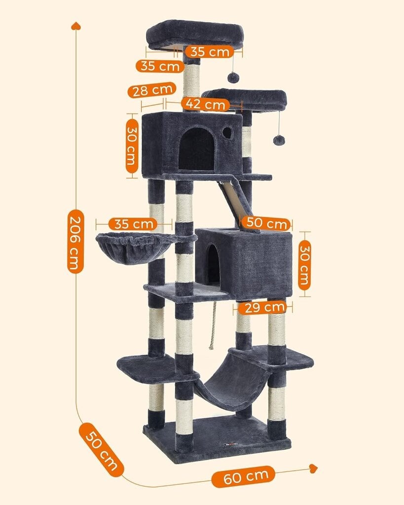 Kraapimispuu-maja kassidele PCT190G01, 206 cm, hall hind ja info | Kraapimispuud | kaup24.ee