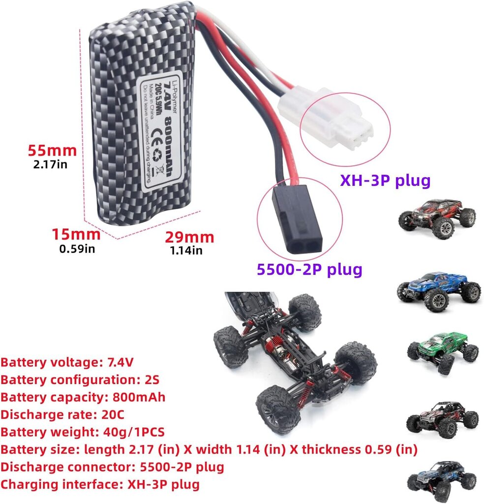 2 liitium akupakett 7.4V 800mAh 5500-2P hind ja info | Droonid | kaup24.ee