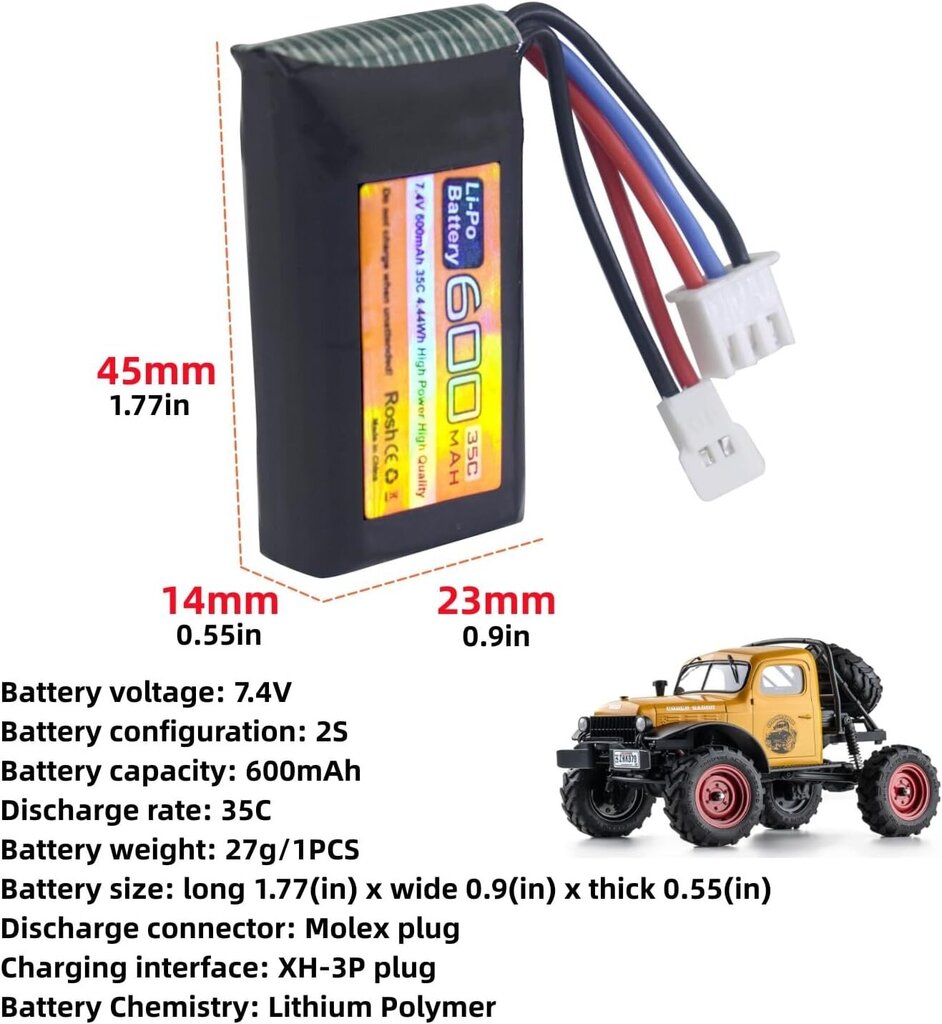 7.4V 600mAh 35C 2S LiPo aku Molex pistikuga - ühildub FMS FCX24 RC auto veoautodega ja elektriliste ronimisautodega. hind ja info | Droonid | kaup24.ee