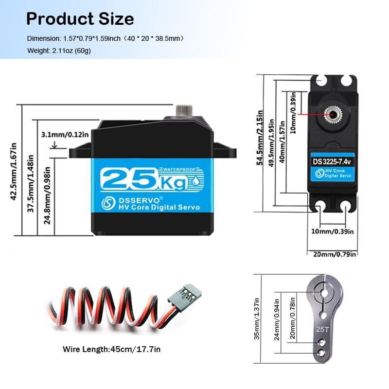 2tk RC Power Steering 25KG, 7.4V digitaalne mootor roostevabast terasest hammasratastega hind ja info | Droonid | kaup24.ee