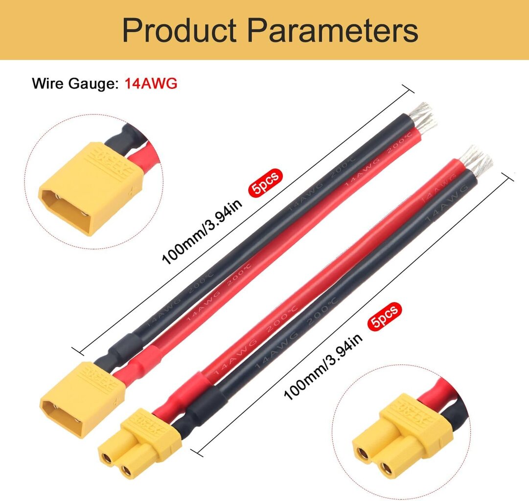 5 paari XT30 mees- ja naisliitmikke silikoonkaabliga 100mm 14AWG Lipo FPV drooni aku jaoks hind ja info | Droonid | kaup24.ee