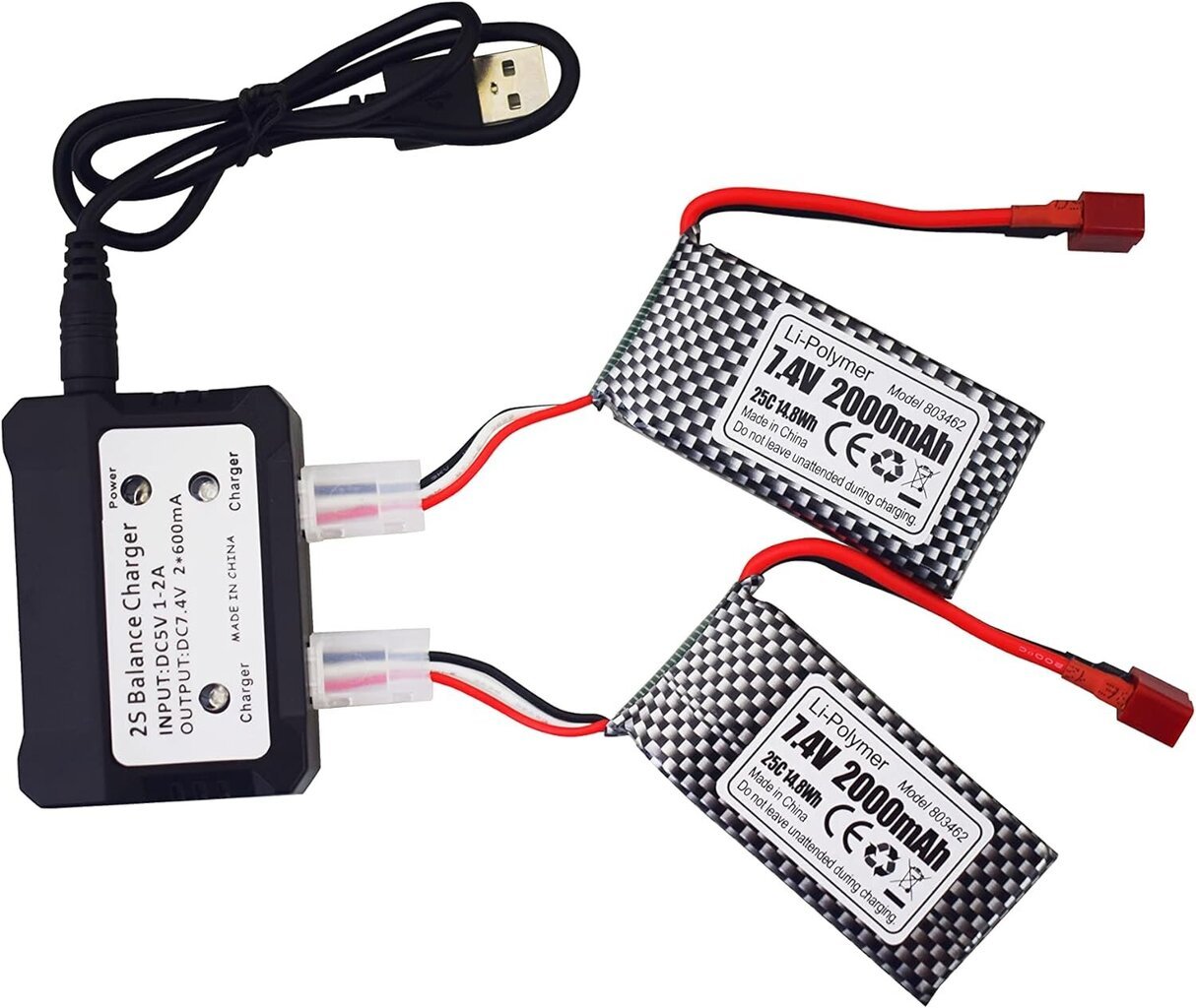 LiPo aku 7.4V 2000mAh T-pistiku ja 2in1 laadijaga, 2 tk цена и информация | Patareid | kaup24.ee