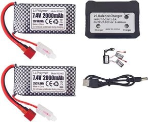 2 LiPo аккумулятора 7.4V 2000mAh с T-образным штекером и зарядным устройством 2 в 1 - совместимы с RC моделями 9200, 9200E, 200E, 9202E, HM101, 9125, S920, S921, HB101 и WLtoys цена и информация | Батерейки | kaup24.ee