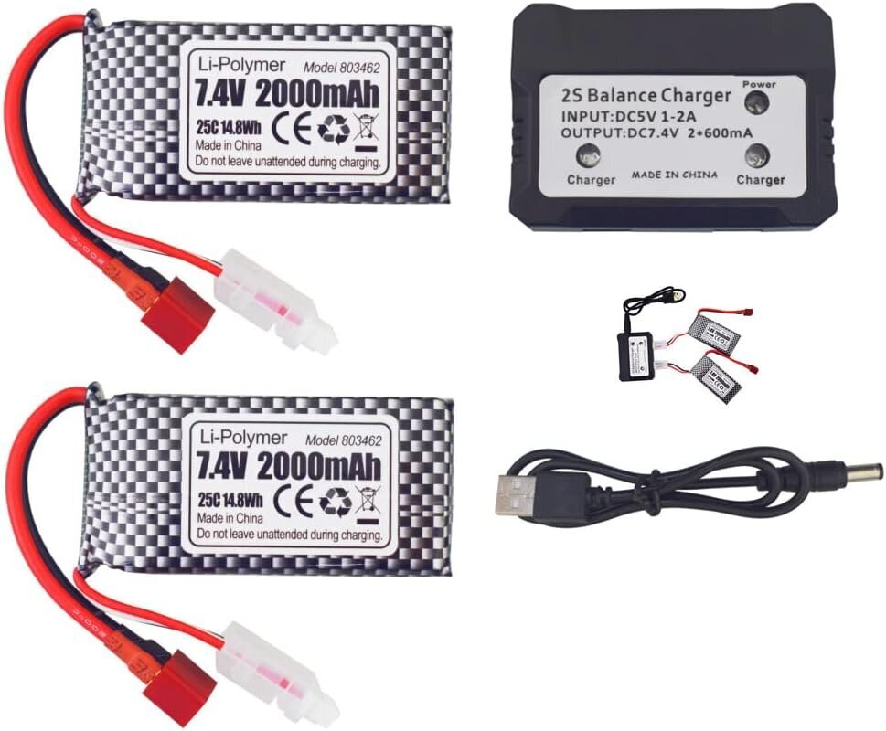 LiPo aku 7.4V 2000mAh T-pistiku ja 2in1 laadijaga, 2 tk цена и информация | Patareid | kaup24.ee